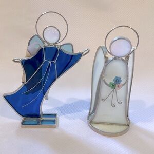 Vintage 1975 Lot of 2 Stained Glass Angels Blue and White Suncatcher H 7”